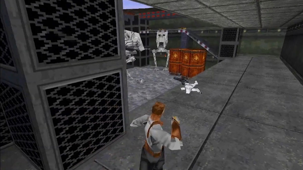 Kyle Katarn facing two TR-TT droids in Star Wars Jedi Knight Dark Forces II