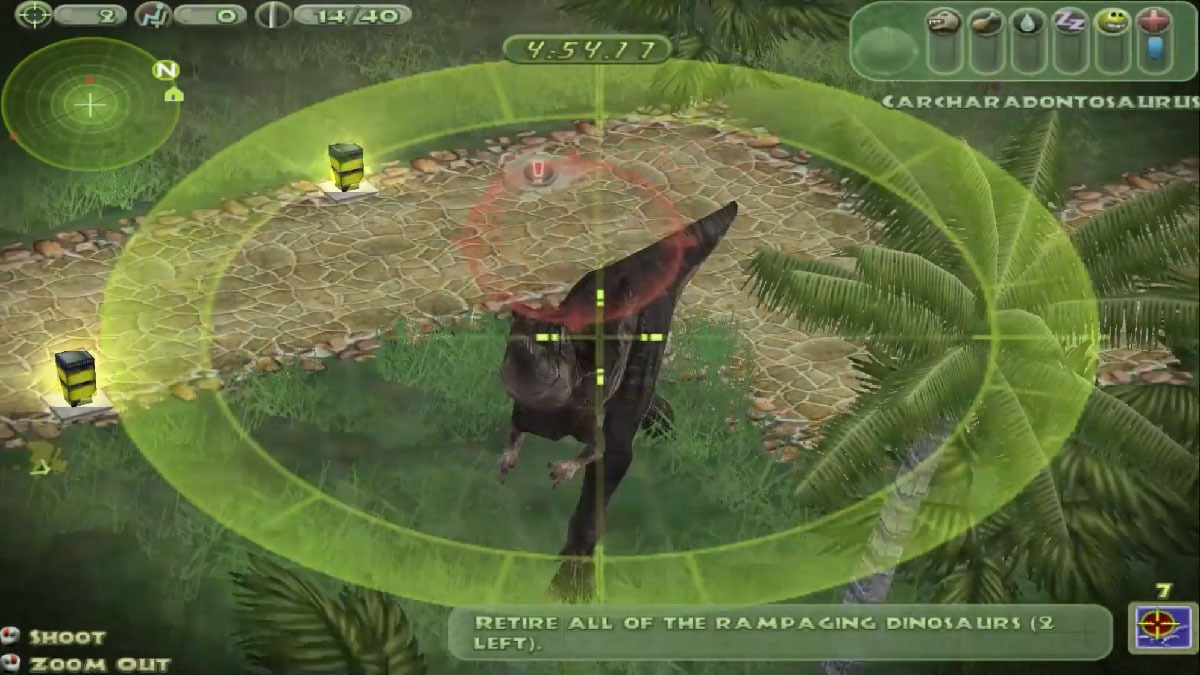 Vue à la lunette d'un fusil sniper visant un dinosaure malade dans Jurassic Park Operation Genesis