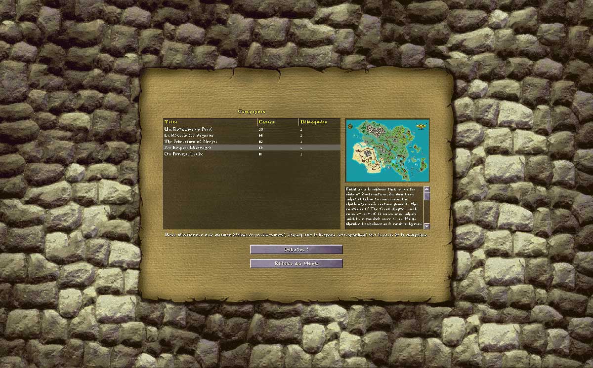 Campaign selection screen in KaM Remake : original campaign, The Peasants Rebellion, and 3 community campaigns