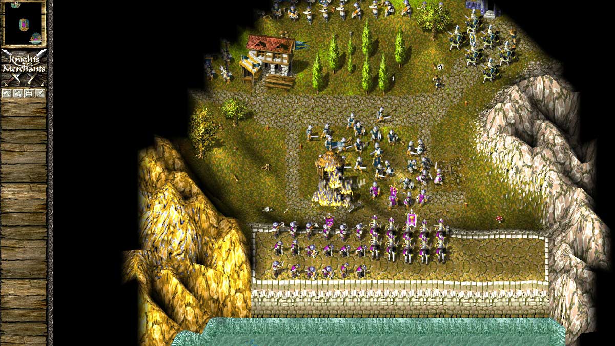 Intense combat in Knights and Merchants Remake : heavy infantry, knights, and crossbowmen clashing