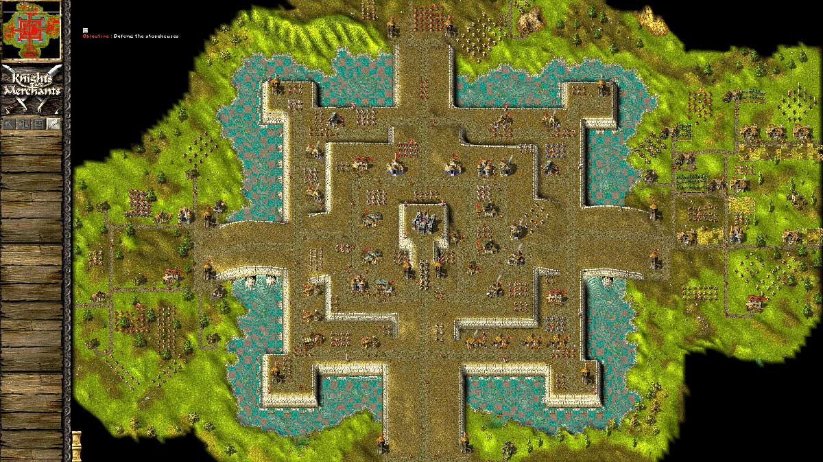 Fully zoomed out Full HD view in KaM Remake showing a massive fortress surrounded by 4 bridges over a moat