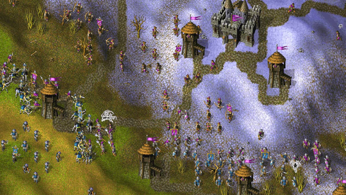 Epic battle in Knights and Merchants : blue army attacking a purple fortress defended by towers and archers