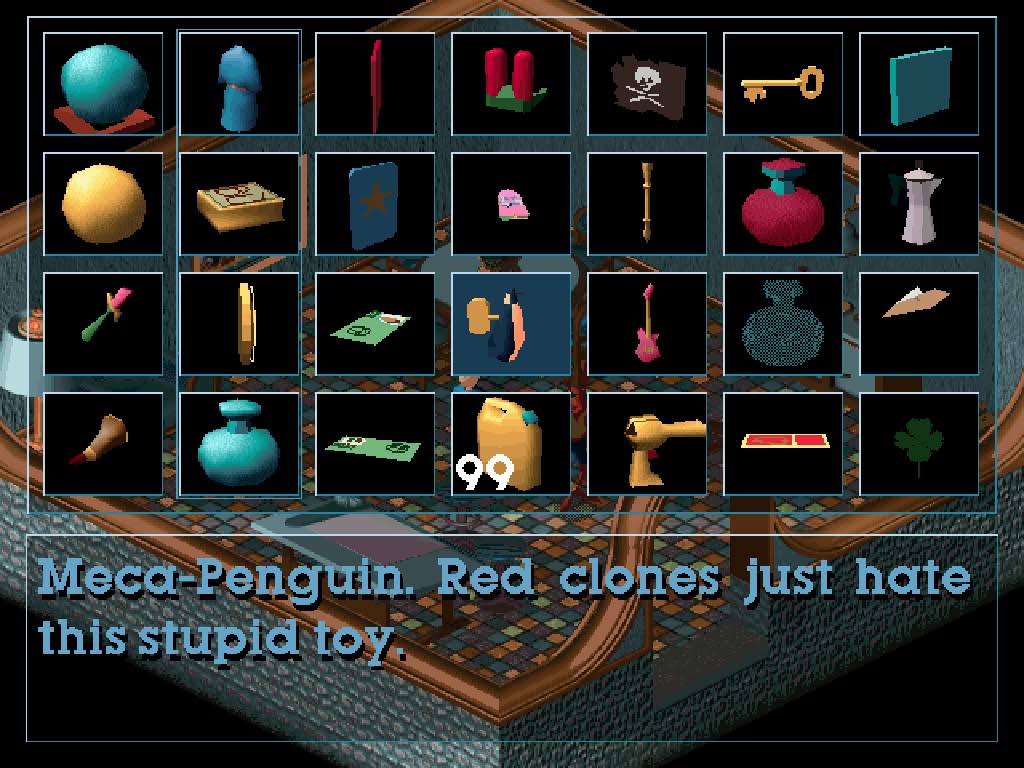 Original 1994 Little Big Adventure, open inventory featuring the Meca-Penguin among the items
