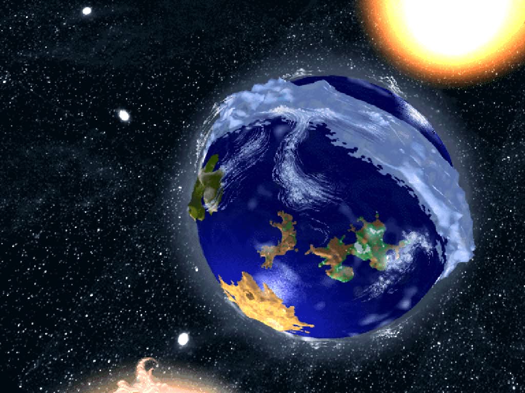 Original 1994 Little Big Adventure, the planet Twinsun seen from space with its two suns and the Hamalayi range
