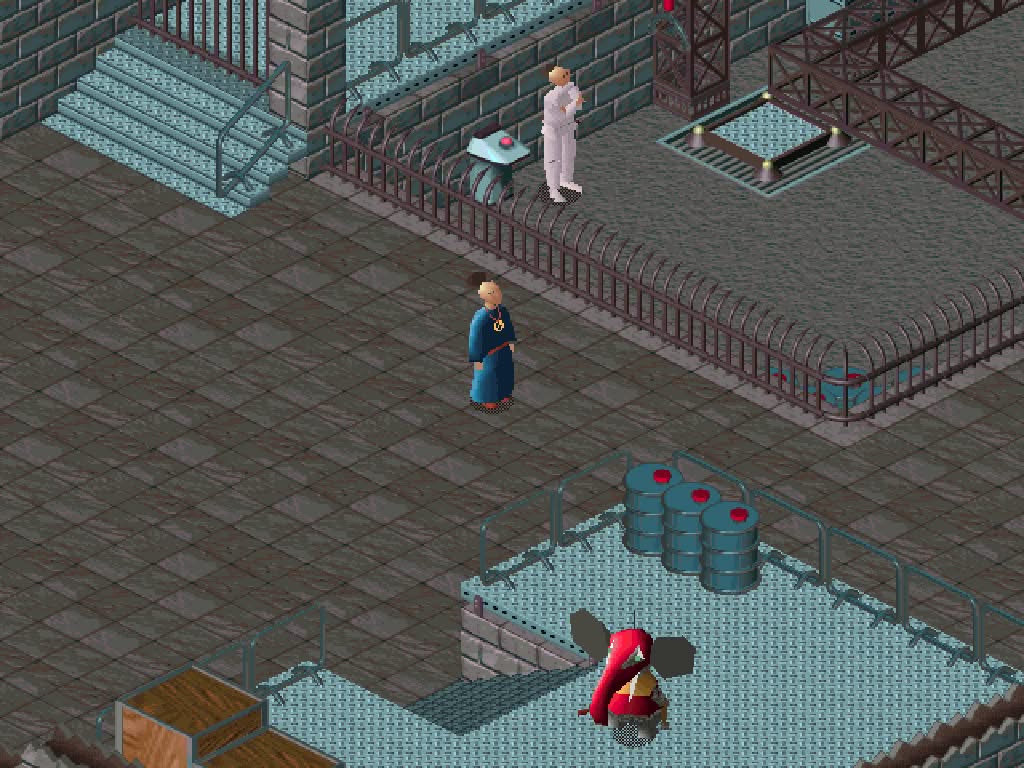 Original 1994 Little Big Adventure, Twinsen with his medallion facing a guard and a red elephant clone