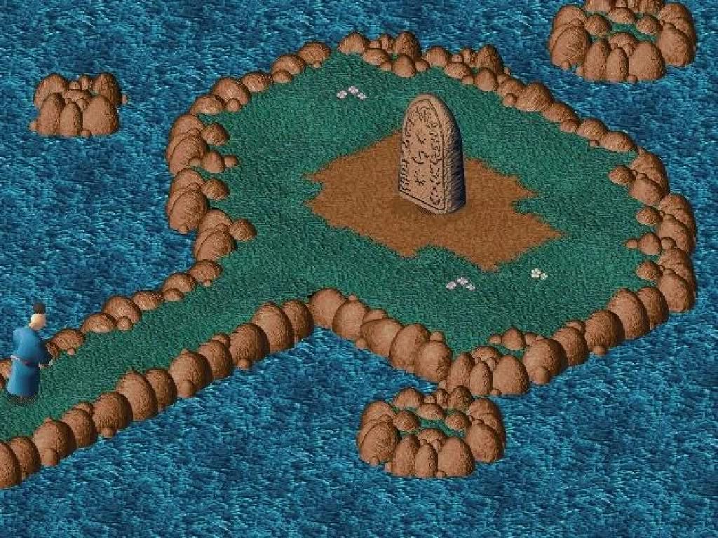 Original 1994 Little Big Adventure, Twinsen standing before one of the famous Sealed Stones of Twinsun