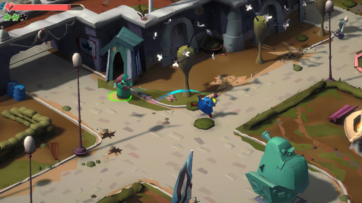 Little Big Adventure Twinsen's Quest, Twinsen throwing his ball at a guard with a statue of Dr. Funfrock in the background