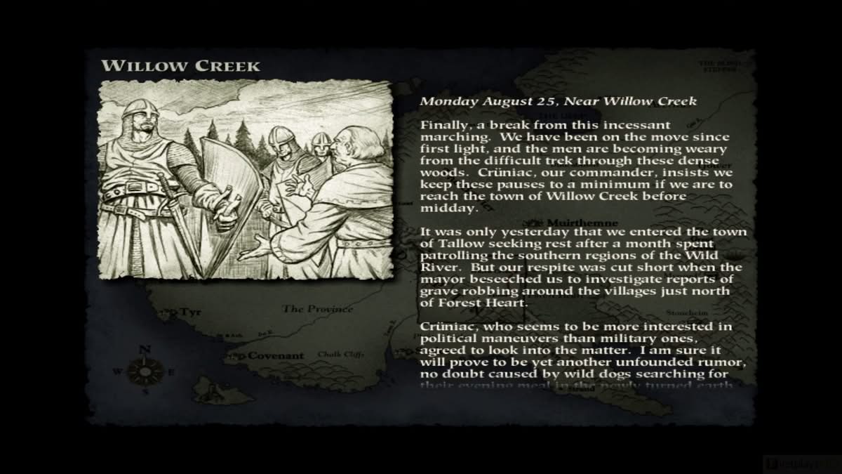 Briefing d'une mission dans Myth avec illustration et narration texte