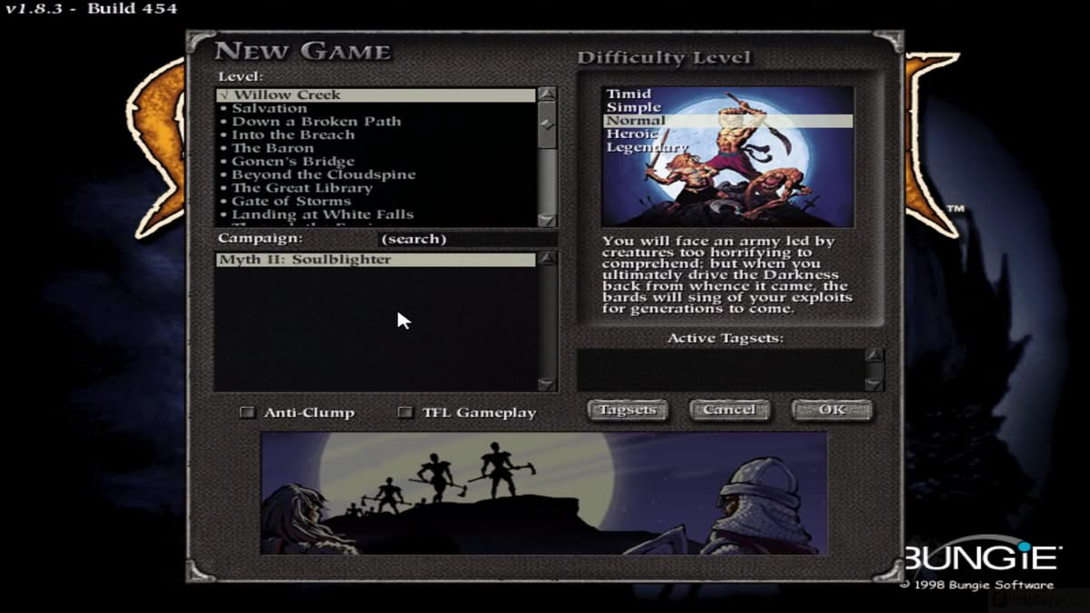 Liste des missions dans Myth - écran de sélection de campagne