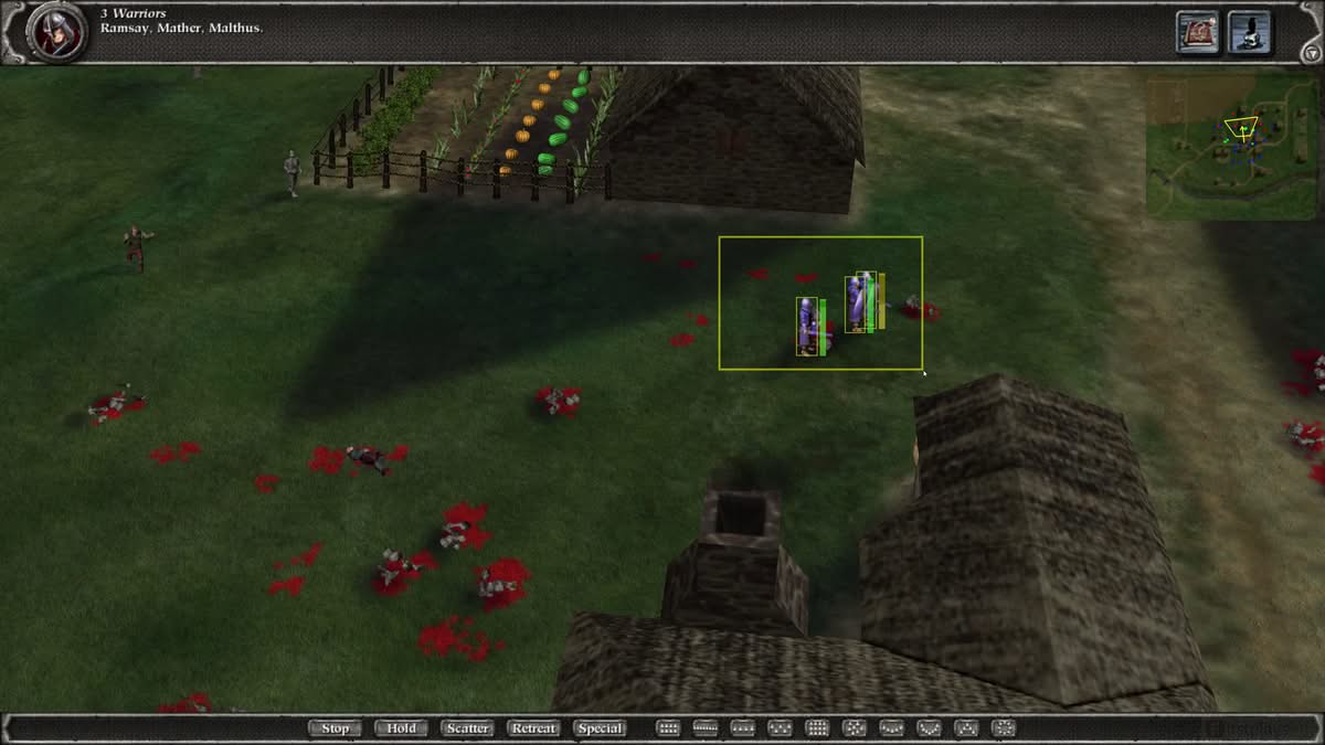 Survivants de l'armée humaine entourés de cadavres dans Myth