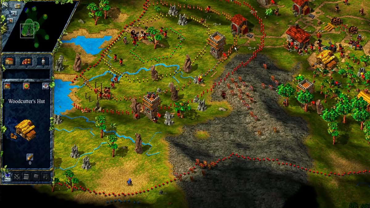 Zones de travail colorées du bûcheron dans The Settlers III avec cercles verts jaunes oranges rouges
