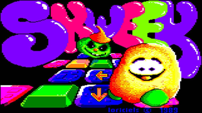 Skweek 1989 Amstrad CPC : the furball dashes away from a madman chasing it on the blue tiles to repaint