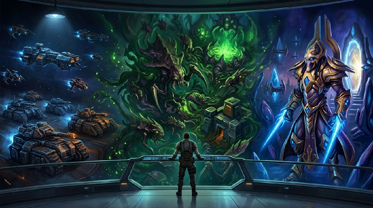 Joueur devant un triptych StarCraft représentant les 3 races Terran Zerg Protoss
