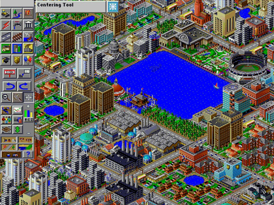 SimCity 2000 - Un village construit autour d'un lac en vue isométrique