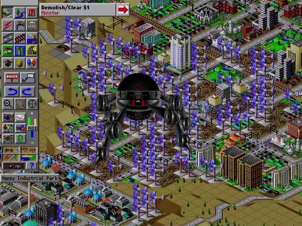 SimCity 2000 - Le robot alien type HAL-3000 devastant une ville