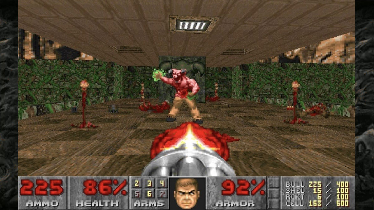 Doom - Le joueur avec une Gatling affronte un Baron de l'Enfer