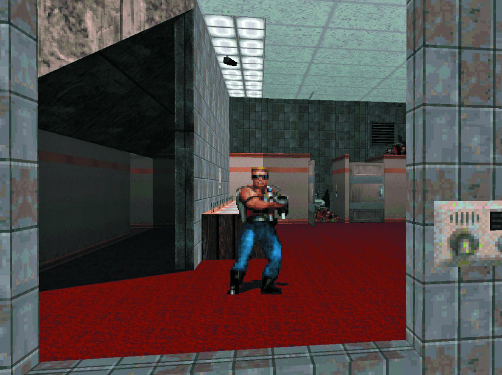 Duke Nukem 3D - Duke face à son reflet dans un miroir, une première dans le jeu vidéo
