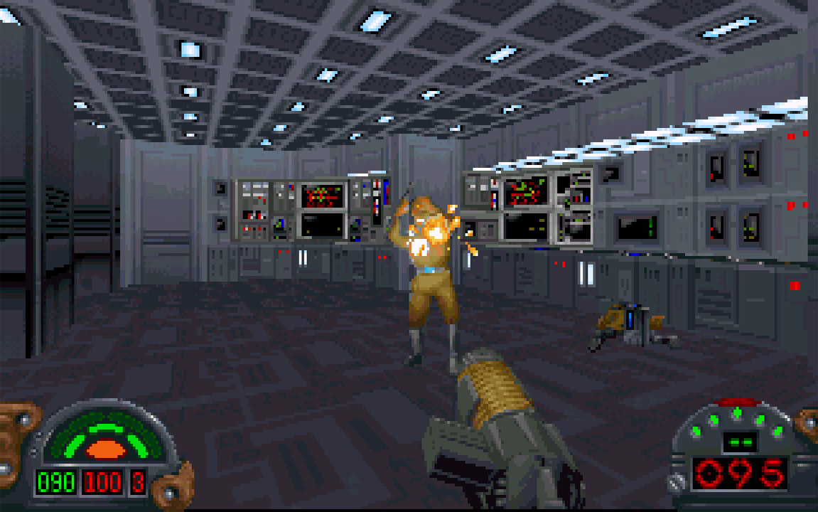 Star Wars Dark Forces - Kyle Katarn attaque un officier impérial avec un fusil blaster