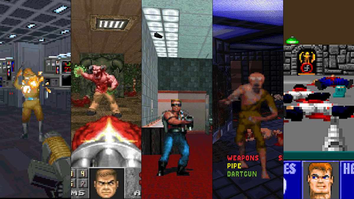 Montage des cinq FPS PC fondateurs des années 90 : Wolfenstein 3D, Doom, System Shock, Star Wars Dark Forces et Duke Nukem 3D