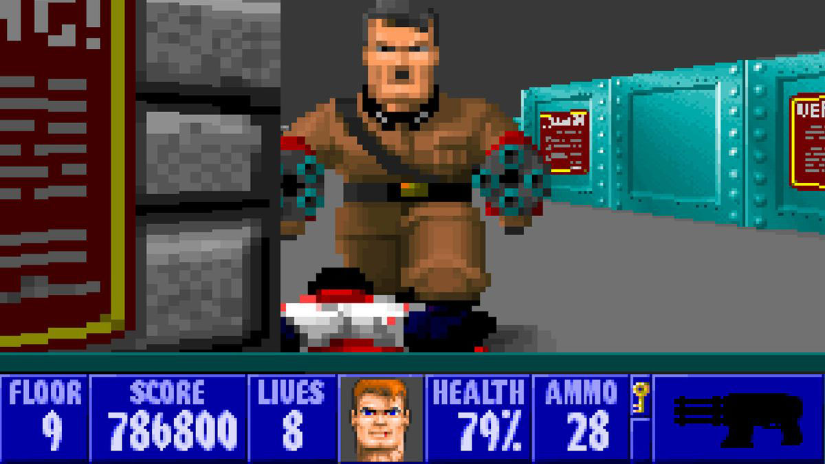 Wolfenstein 3D - Le joueur arrive avec une Gatling face au boss final en armure mécanique