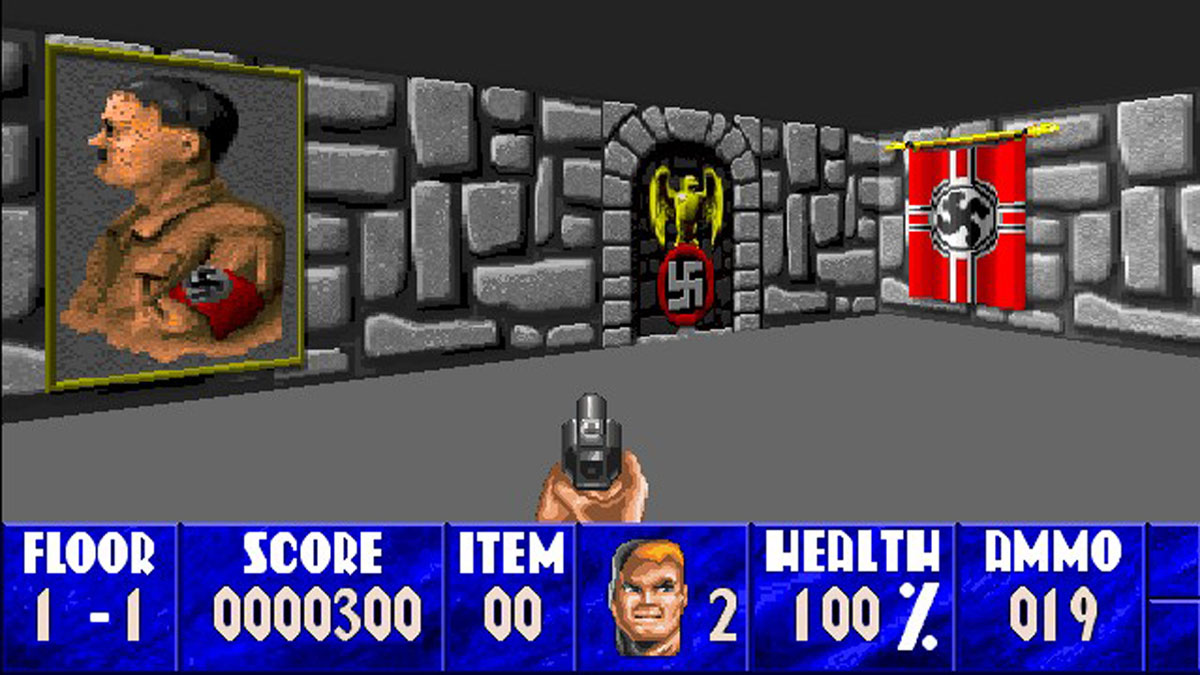 Wolfenstein 3D - Une salle ornée de tableaux dans le château ennemi