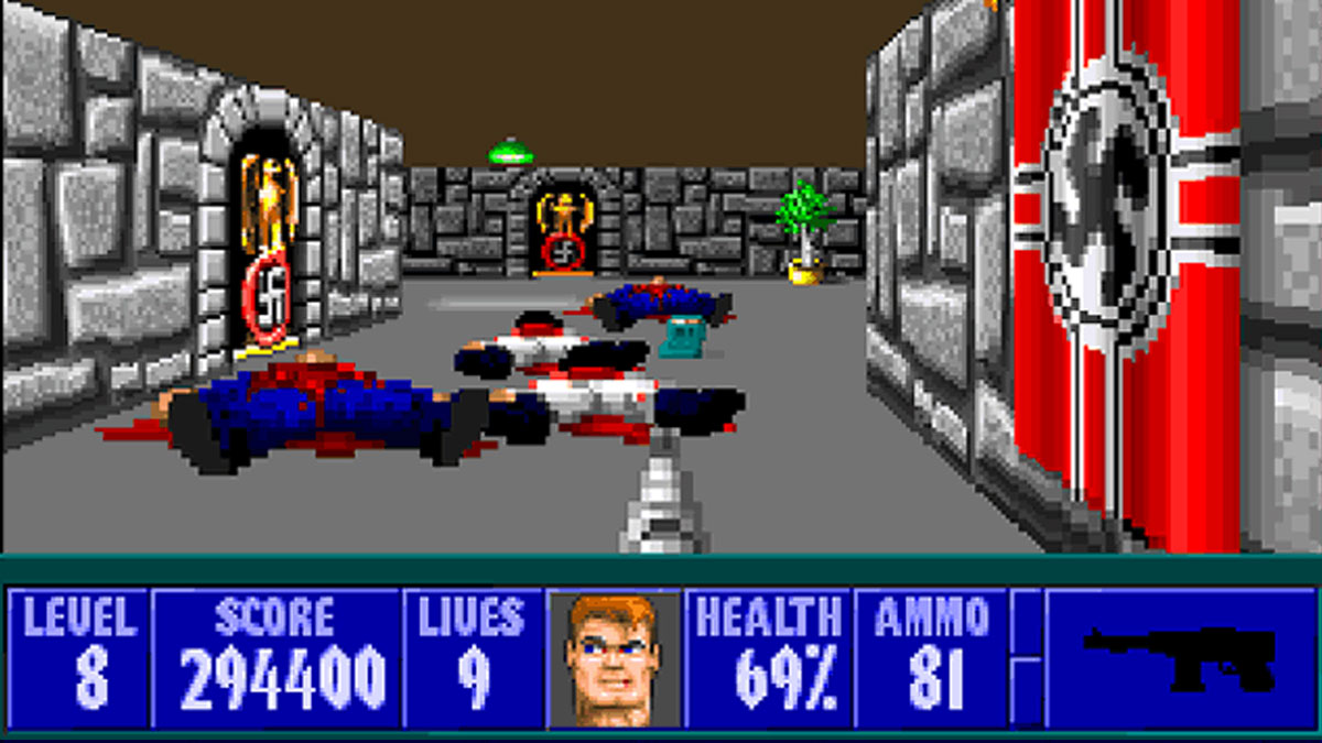 Wolfenstein 3D - Des soldats ennemis gisent au sol après le combat