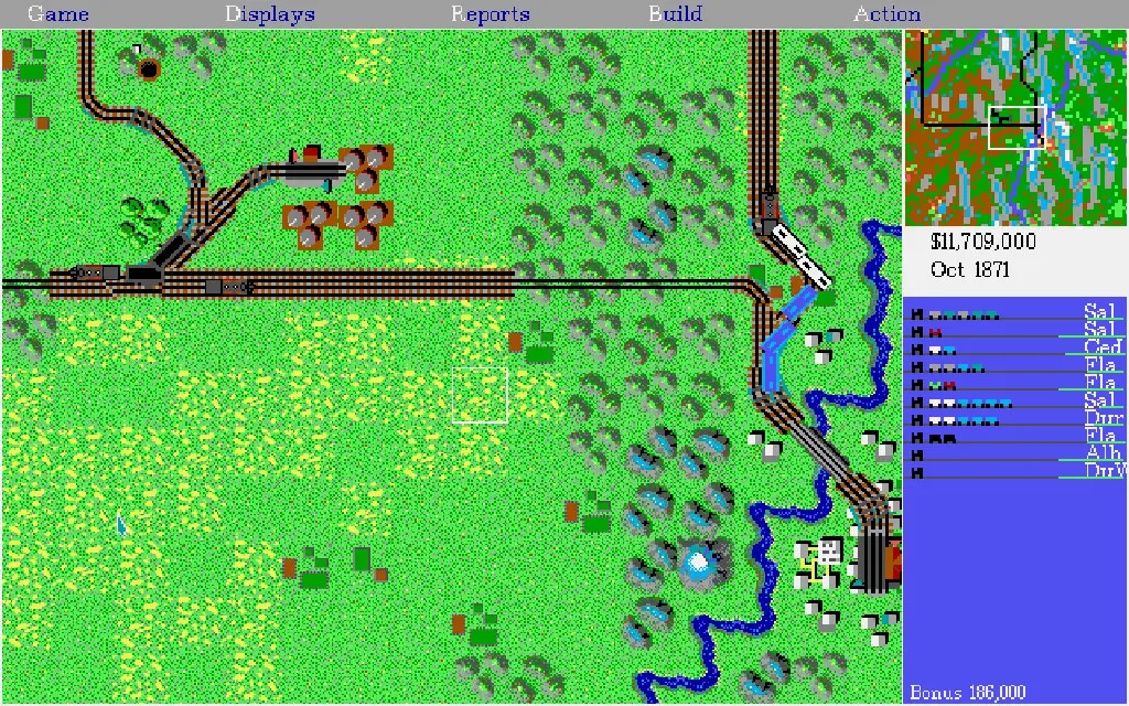 Vue de la carte générale avec un trajet de rails dans Railroad Tycoon