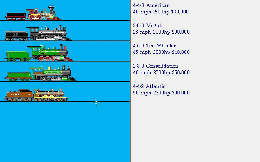 Plusieurs modèles de trains achetables dans Railroad Tycoon