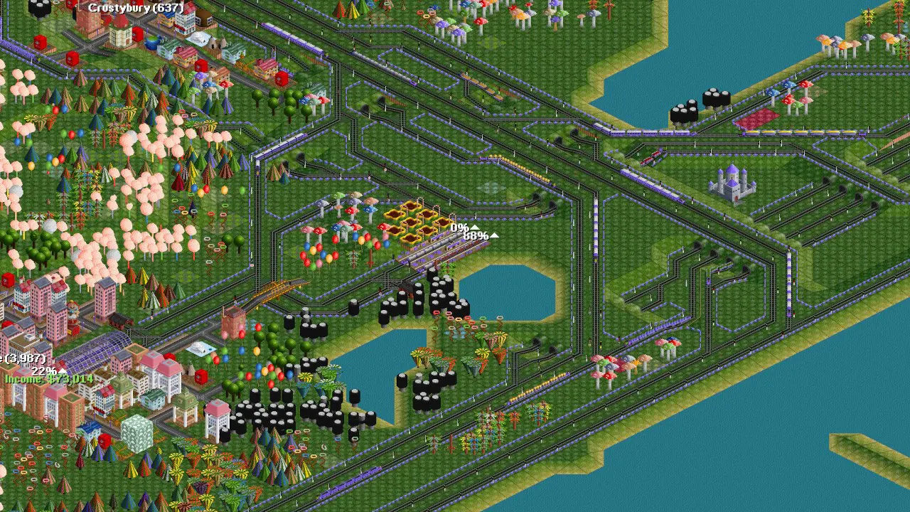 La map Candy World de Transport Tycoon Deluxe avec barbes à papa et décor sucré