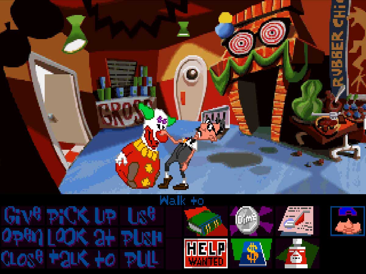 Bernard touche le nez d'un clown dans Day of the Tentacle