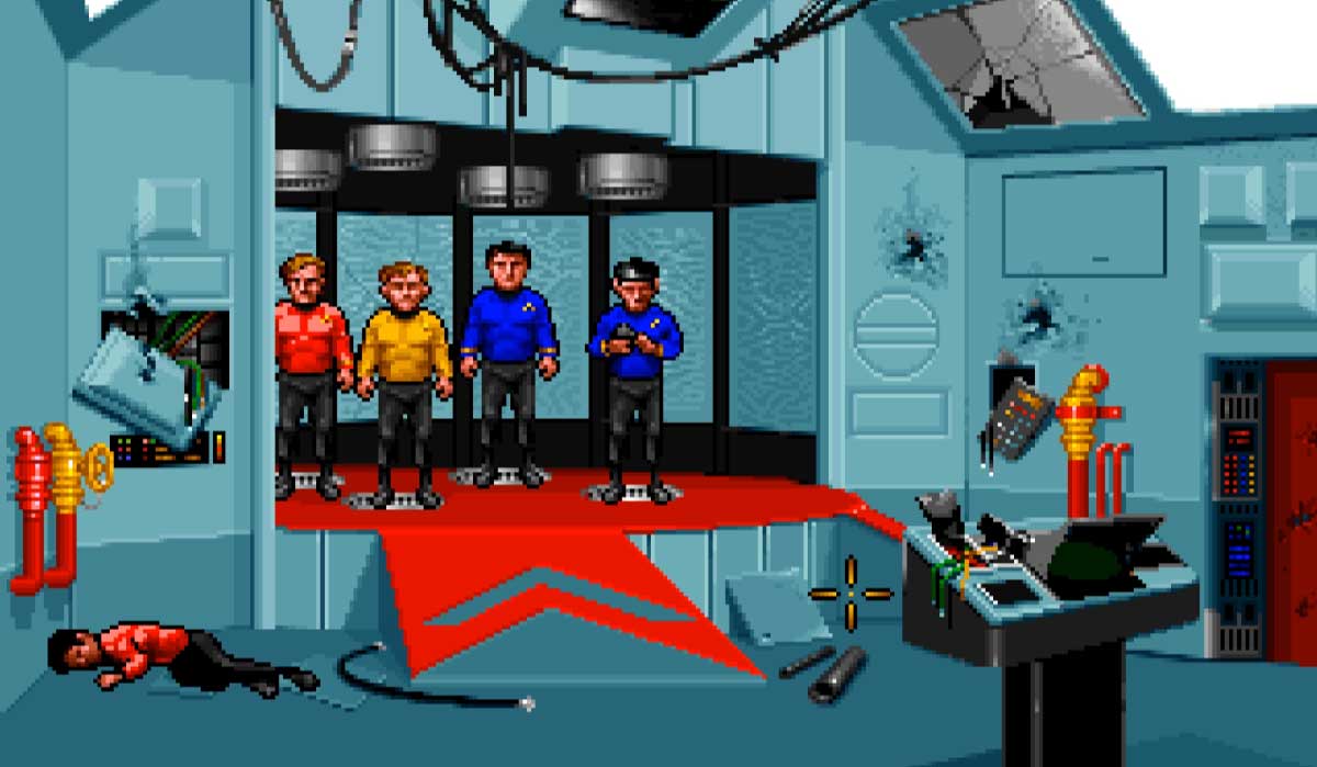 Les 4 personnages de l'Enterprise prêts à se faire téléporter pour retourner sur le vaisseau - Star Trek 25th Anniversary