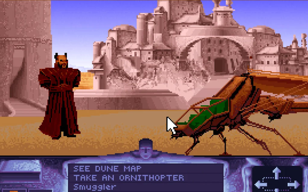 Dune - Un ornithoptère et un Fremen devant une cité d'Arrakis