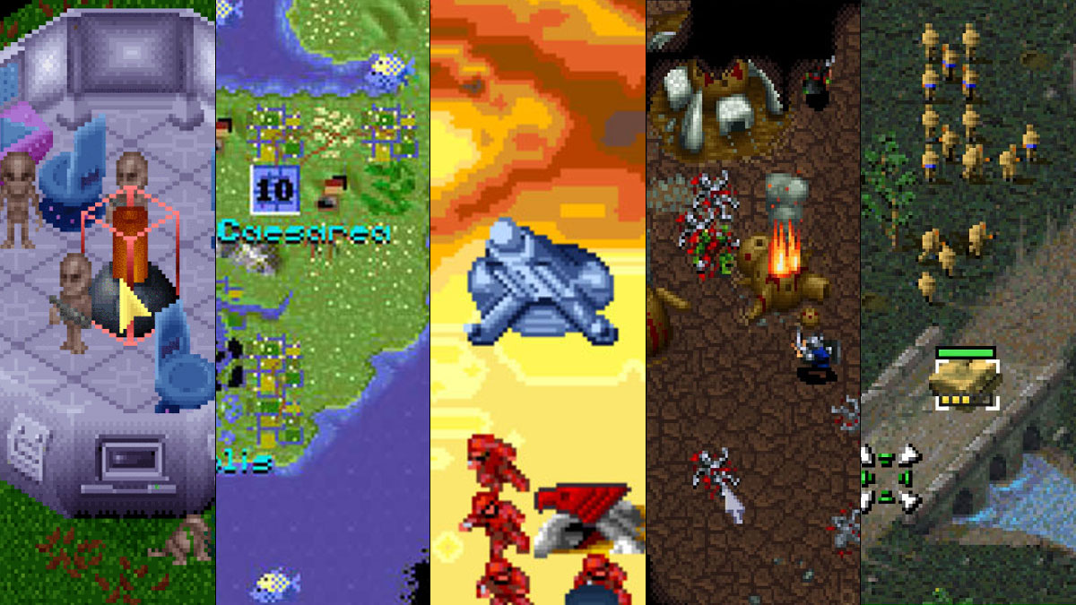Montage des cinq jeux de stratégie PC fondateurs des années 90 : Dune, Warcraft Orcs and Humans, Command and Conquer, Civilization et UFO Enemy Unknown
