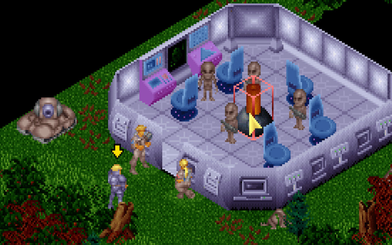 UFO Enemy Unknown XCOM - Assaut au sol d'un ovni avec des Sectoides à l'intérieur et les troupes humaines prêtes à passer à l'assaut