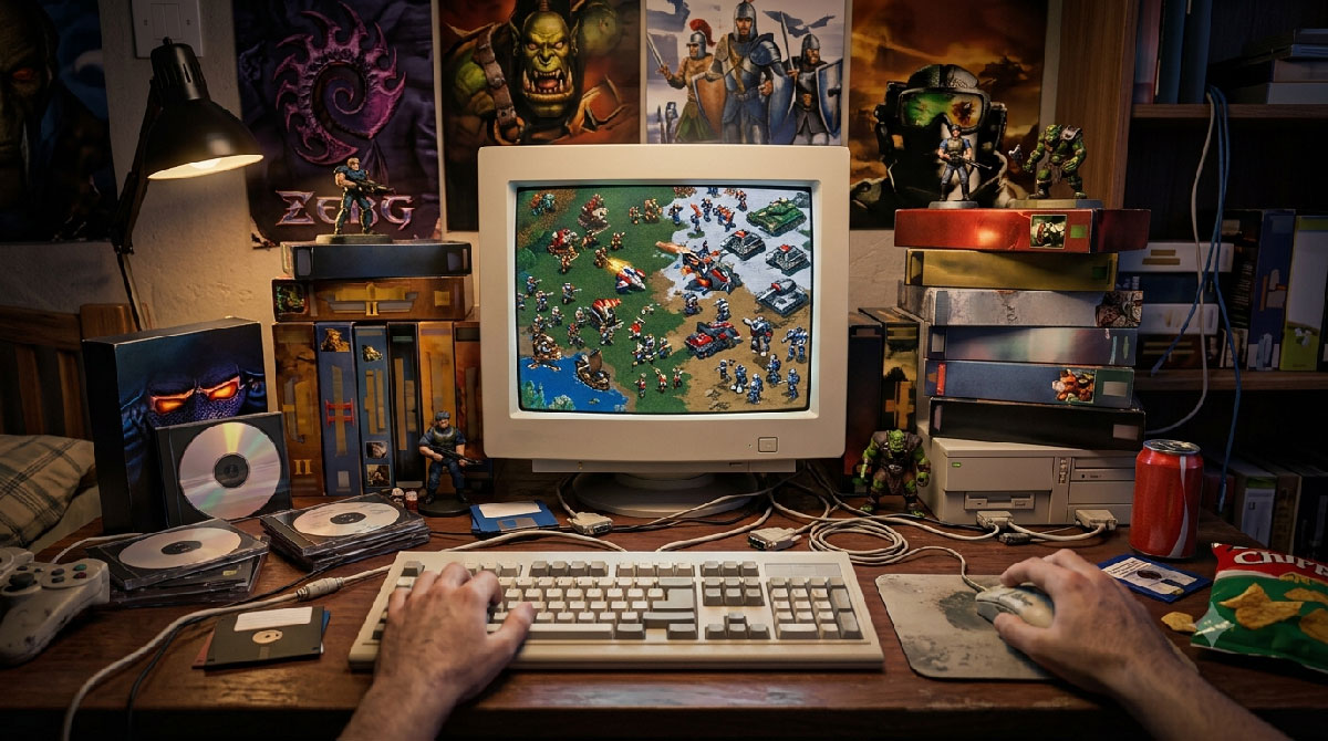 PC et écran cathodique années 90 avec boîtes de jeux stratégie