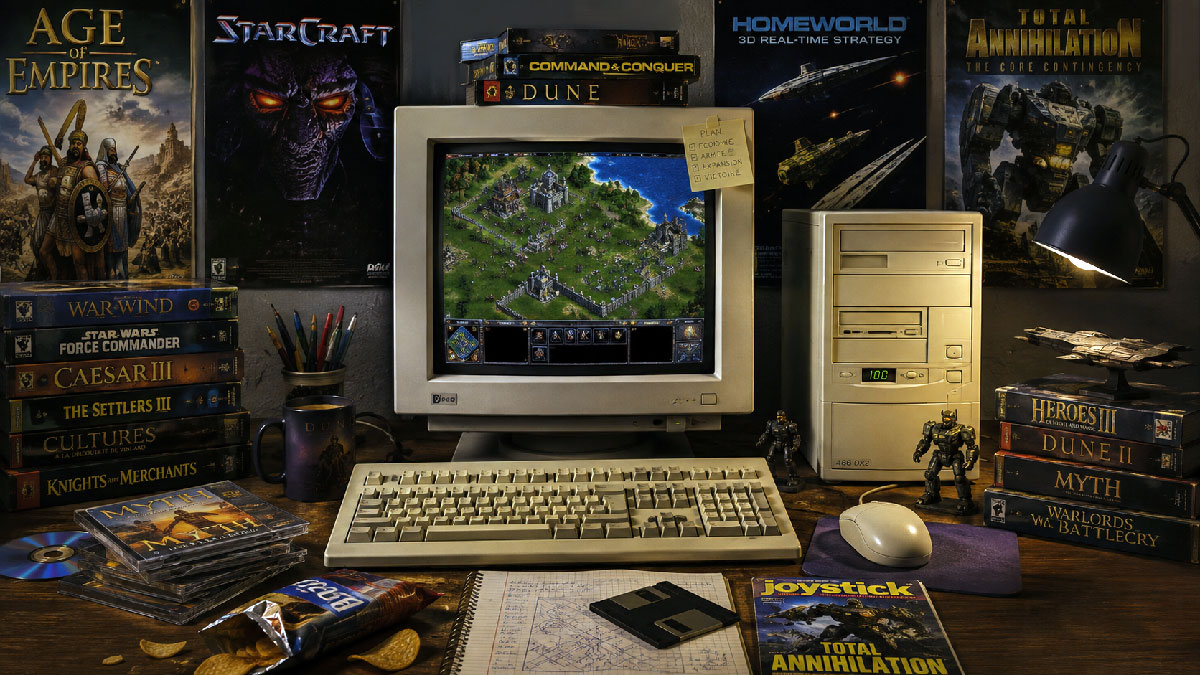 90s PC and CRT monitor with classic strategy game boxes