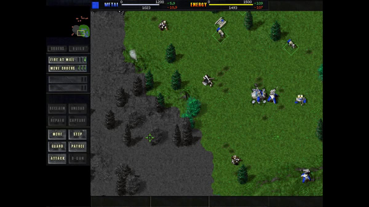 Comparatif brouillard de guerre dans Total Annihilation, vision normale et zone grisée