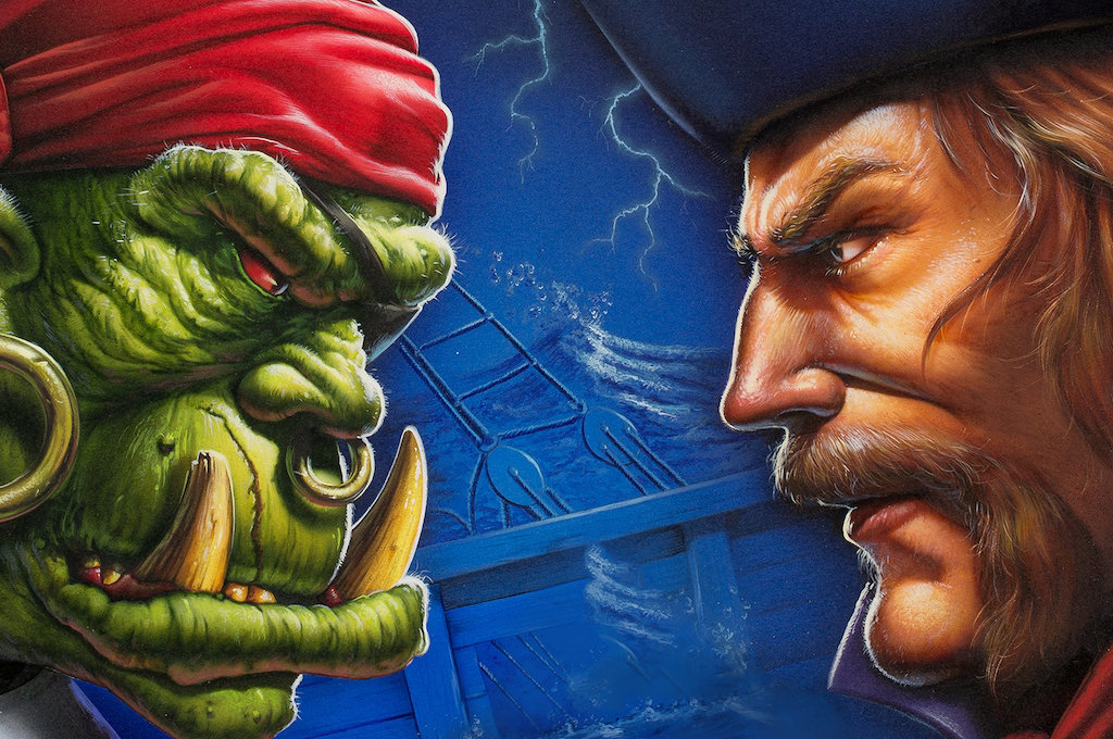 Jaquette du jeu Warcraft II : Tides of Darkness montrant un guerrier Humain et un Orc face à face