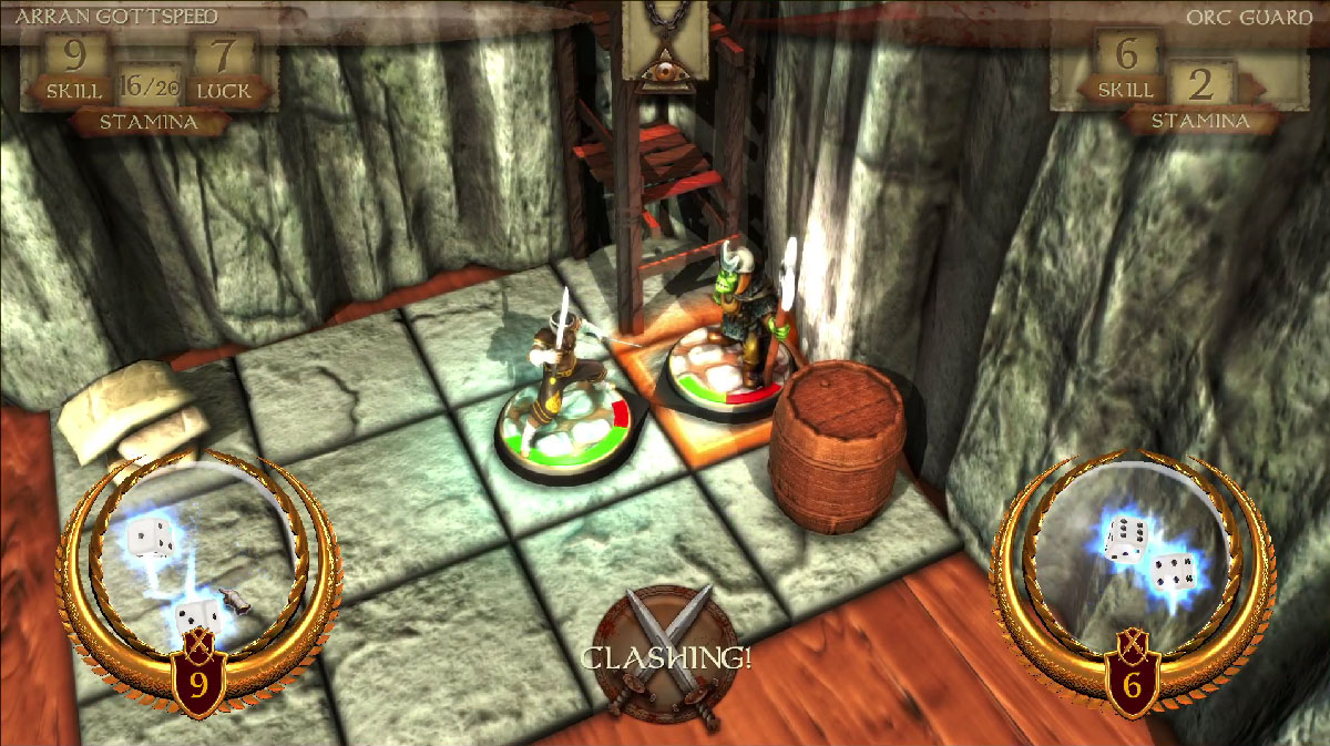 Combat contre un orc acculé dans un coin du donjon