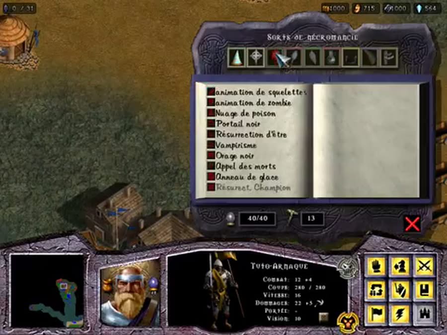 Panneau de sélection des sorts de nécromancie pour le héros dans Warlords Battlecry