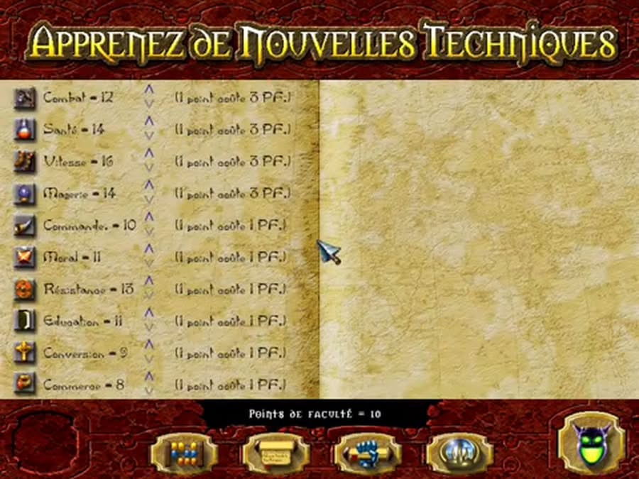 Panneau d'apprentissage des techniques dans Warlords Battlecry : moral, vitesse, santé, combat