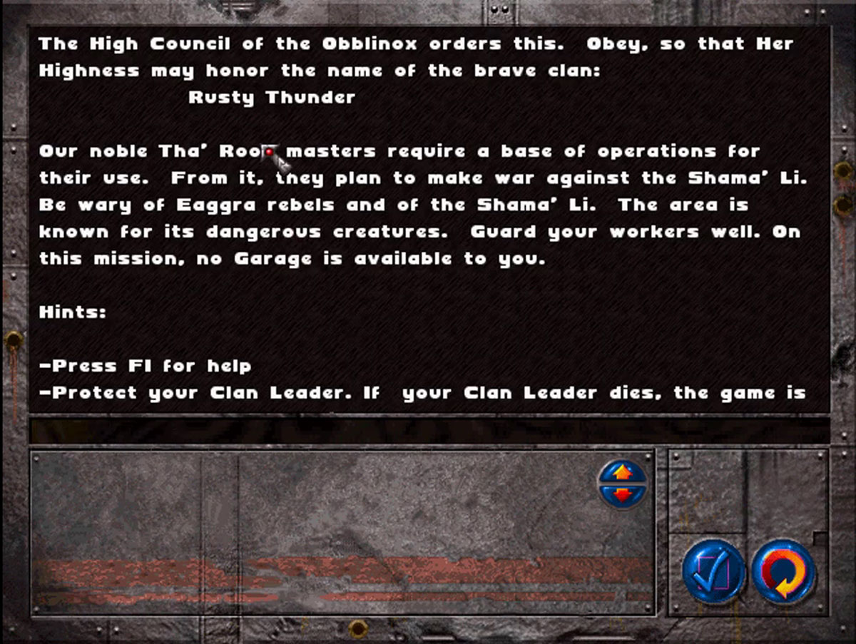 Écran de briefing de mission dans War Wind 1996