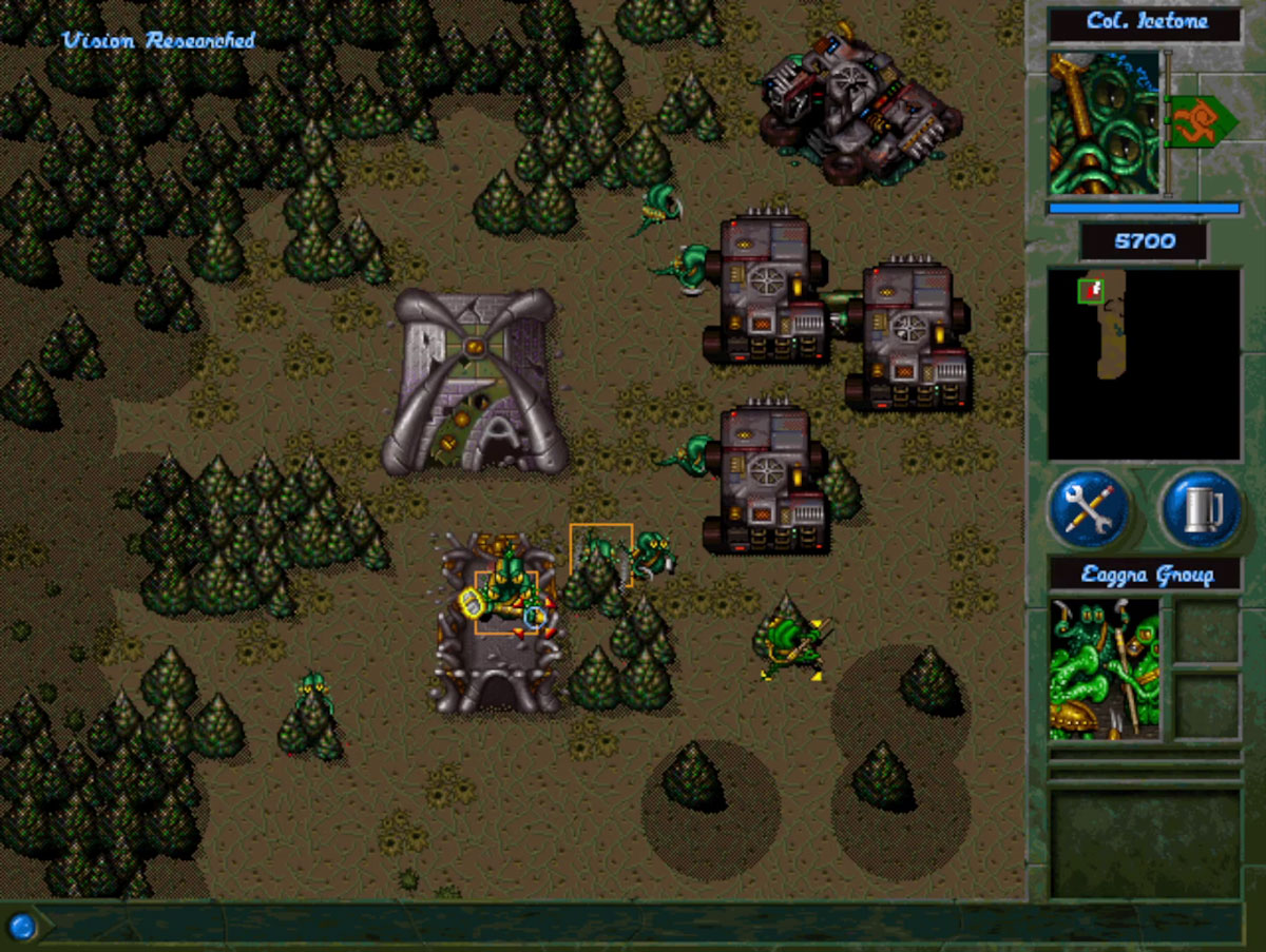 Base Eaggra dans War Wind avec des véhicules en cours de réparation