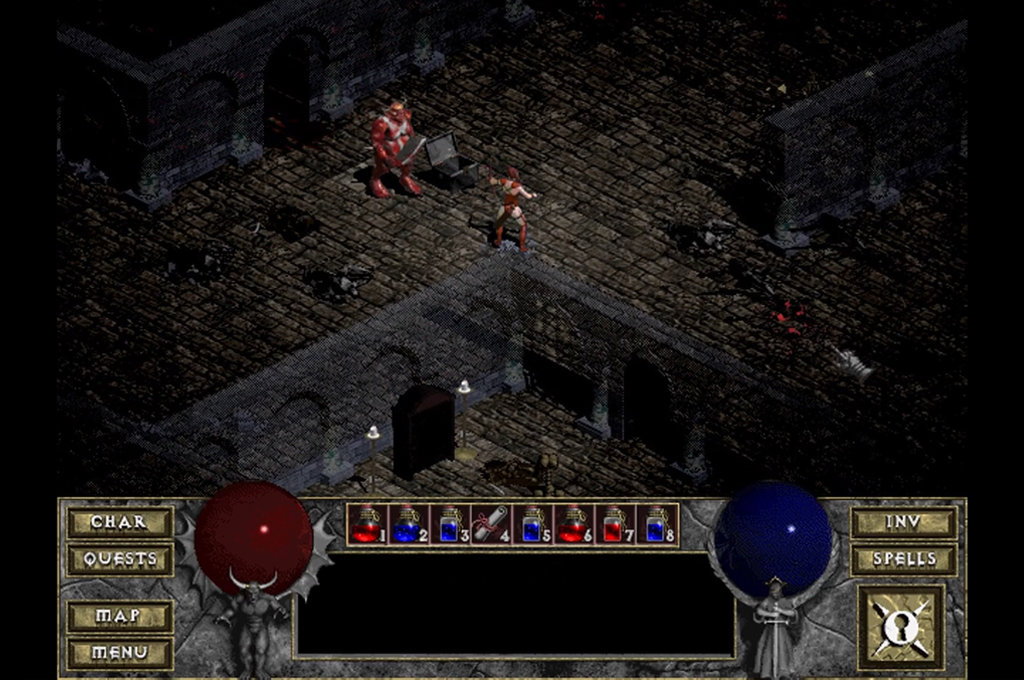 Capture d'écran de Diablo 1 où une amazone fait face au Butcher dans une pièce remplie de sang après le cri Fresh Meat