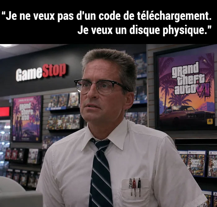Michael Douglas en colère refusant un code de téléchargement numérique, référence au film Falling Down