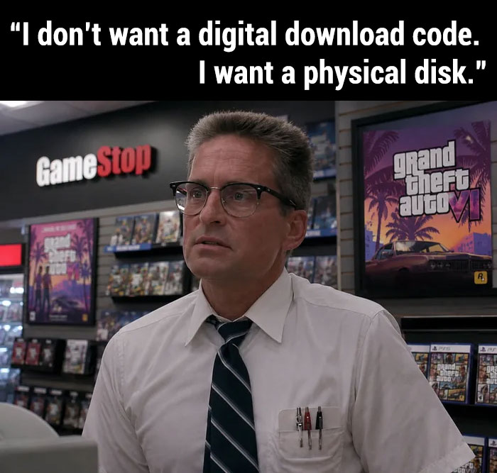 Angry Michael Douglas refusing a digital download code, a reference to the movie Falling Down
