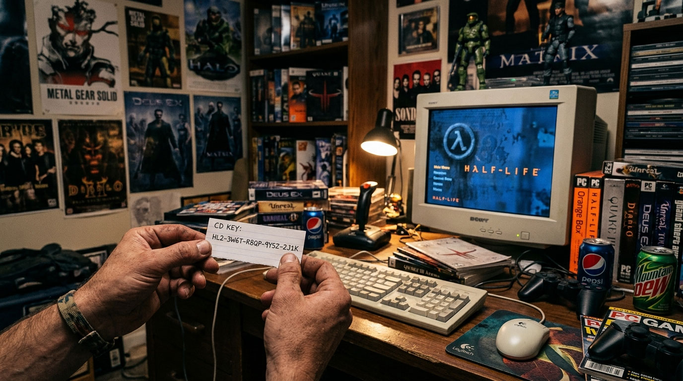 Gamer des années 2000 tenant un code CD key dans une chambre remplie de boîtes de jeux vidéo