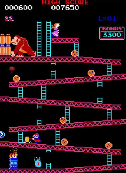 Gameplay de Donkey Kong avec Jumpman (Mario) sur borne d'arcade