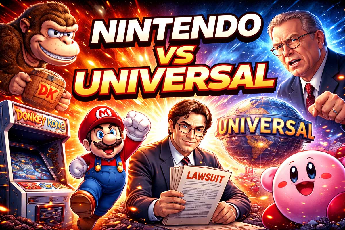 Nintendo vs Universal 1982 - Borne d'arcade Donkey Kong face à Kirby, illustration du procès qui a changé l'histoire du jeu vidéo