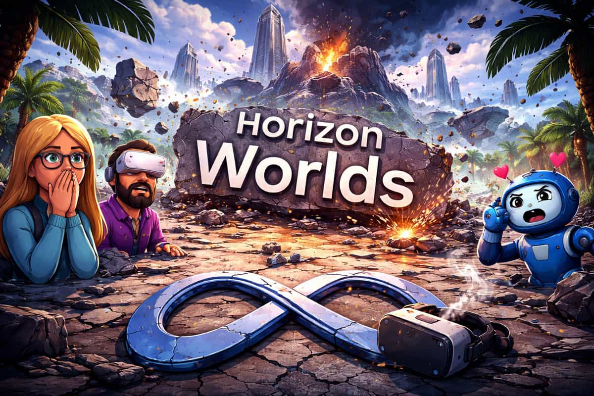 Logo Horizon Worlds et personnages virtuels en détresse, illustration de la chute de Meta